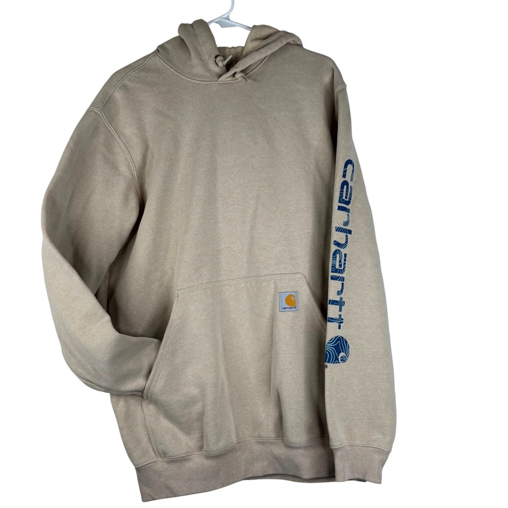 Carhartt Hoodie Mens Medium Tan Graphic Sleeve Logo Loose Fit Sweatshirt TS0288